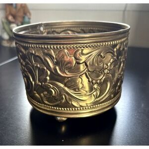 Vintage Ornate Brass Footed Planter Embossed Floral Cachepot 5.5"
